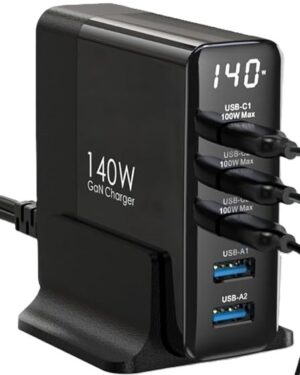 140W USB C Fast Charger Plug with Display，5 Port GaN Charging Station Hub, Max 100W PD Charging Station, USB Laptop Charger for MacBook Pro/Air/iPhone 16/15/14/Mini/Pro/Pro Max/Samsung Galaxy, Black